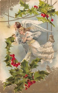 Postal: Loving Christmas Wishes, Angels & Holly, UDB años 1900 - Imagen 1 de 2