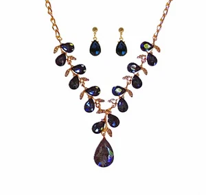 Blue crystal leaves necklace and earring set with large teardrop crystal NEW - Picture 1 of 10