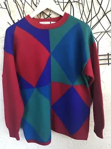 Liz Claiborne Collection Vintage Color Block Sweater Wool Sz M Grẹen Red Blue - Picture 1 of 11