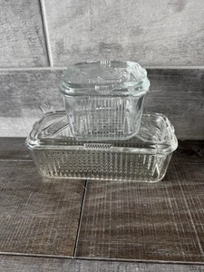 Vintage Federal Glass Clear Ribbed Rectangular/square Refrigerator Dish With Lid - Picture 1 of 8