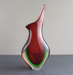 Ancien vase en verre d'art Murano Sommerso - rouge vert et transparent - Photo 1/10