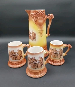 Antique Gold Medal St. Louis Owen Minerva Friar Monk 12" Pitcher Set 3 Tankards - Picture 1 of 15