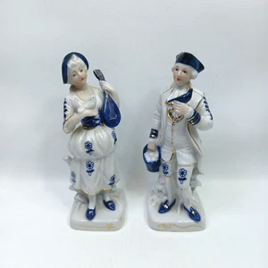 Vintage passende Porzellanfiguren Kolonial Mann & Frau mit Vögeln blau mit Goldrand - Bild 1 von 7