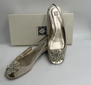 NEW Anne Klein Open Toe Slingback Shoes 8M Gold Faux Stone Rhinestone Shoes - Picture 1 of 13