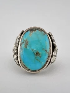 Vtg Navajo Cast Sterling Silver Kingman Turquoise Stamped Feather Men's Ring 15g - Afbeelding 1 van 8