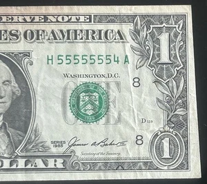 (NEAR SOLID!!) $1 *TRIMMED* Binary 7 In A Row Fancy Serial Number H55555554A - Picture 1 of 4