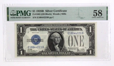 1928 $1 Silver Certificate Fr#1602 EB Block Woods Mills PMG 58 - Image 1 of 2
