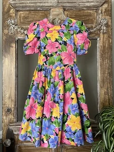VTG 80's CASERO'S COLORFUL FLORAL PUFF SLEEVE SMOCK FIT & FLARE GIRLS SIZE 10 - Picture 1 of 13