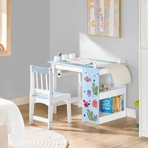 SoBuy Juego de 2 Mesa y Silla Infantil con Pegatinas Azul y Blanco KMB60-B - Imagen 1 de 10