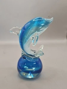 Art Glass Blue Dolphin Figurine Paperweight 6" Tall Swirl Bottom - Picture 1 of 4