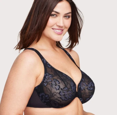 Glamorise 42DD Wonderwire Lacey T-Back FrontClose UW Bra 9246 NWOT Black / Blue - Image 1 of 4