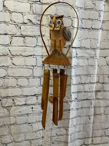 Owl With Chimes Bamboo Windchime 60cm Garden Gift Summer Handmade Chimes - Picture 1 of 10