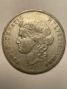 1889B 1889 B 5 FRANCS SWITZERLAND HELVETIA KM# 34 90% SILVER - Picture 1 of 2