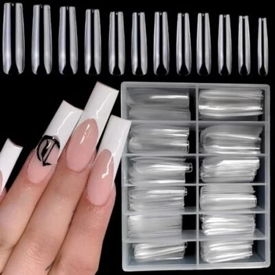 240pc XL Clear Acrylic Nail Art Tips Full Cover Extra Long Curve Fake Square - Image 1 of 4
