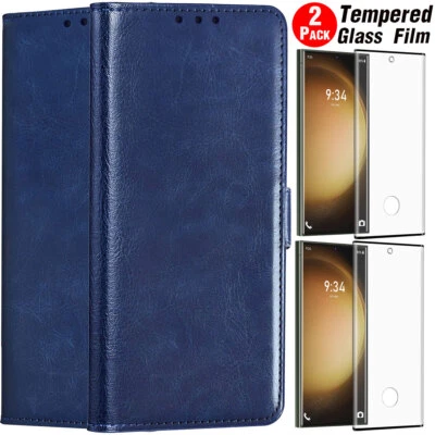 Blue For Samsung Galaxy S23 Ultra 5G PU Leather Case Wallet Cover Tempered Glass - Image 1 of 4