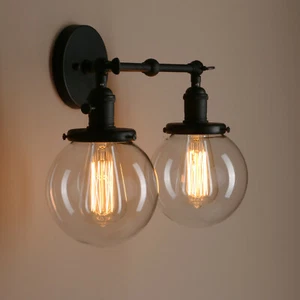 Pathson Double Sconce Vintage Industrial Wall Lamp 5.9"Globe Glass Wall Lighting - Picture 1 of 17
