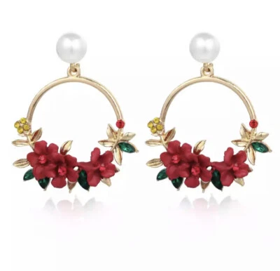 Women's Fashion Jewelry Pink Purple Red Yellow Flower Hoop Earrings TK2-1 - Image 1 of 3