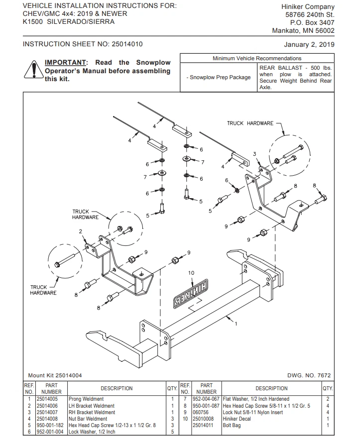 Hiniker Plow Mount 25014004 - 19 & Newer GM 1500 CHEVY GMC Silverado Sierra - Image 1 of 1