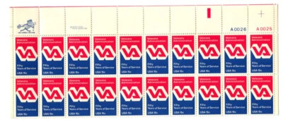 US STAMP SCOTT #1825 - PANE OF 20 - VETERANS ADMIN - 15c - PB/MR. ZIP - MNH - Image 1 of 2