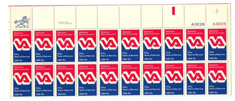 US STAMP SCOTT #1825 - PANE OF 20 - VETERANS ADMIN - 15c - PB/MR. ZIP - MNH - Image 1 of 2