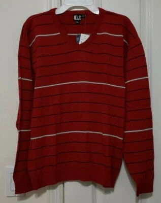 Nuevo con etiquetas Suéter Pullover UNIVIBE Cuello en V para Niños Talla XL Rojo con Rayas Negras, Grises y Blancas Foto 1 de 4