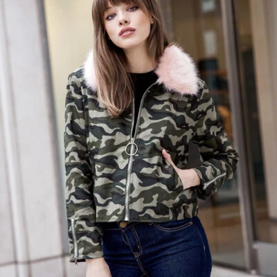 Cara Loren Y2K камуфляж серебро кольцо молнии джинсовая куртка Baby розовый искусственного меха воротник Lg - Изображение 1 из 4