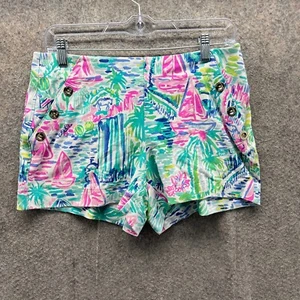 Lilly Pulitzer Shorts Womens 6 Blue Pink Marina Knit Tropical Print Stretch - Picture 1 of 11