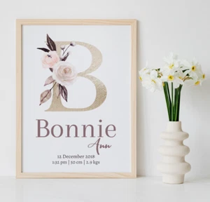 Kids Nursery Initial Name Personalised Print Gold Foil Boho Flower Birth Detail - Picture 1 of 9