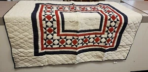  RED-BLUE-CREAM QUILTED THROW/WALL HANGING- 50 x 60"  STAR CENTER DESIGN - NEW - Picture 1 of 5
