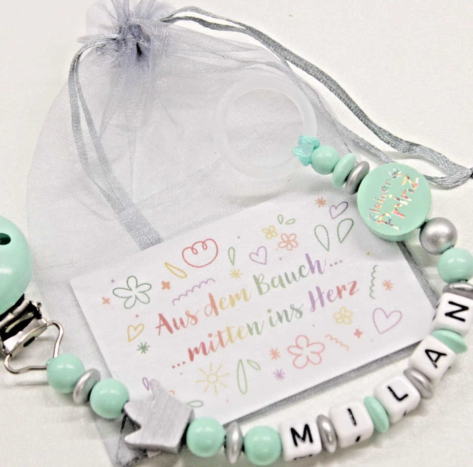Schnullerkette mit Namen ♥ kleiner Prinz ♥ Mint ♥ mit Silikonring ♥ Nuckelkette - Bild 1 von 1