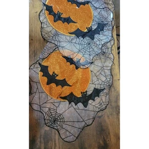 Halloween Table Runner Spiderweb Bats Orange Glitter Moons Holiday Decor - Picture 1 of 4