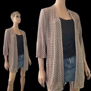 Chico's Tan Crochet Open Front Poly Cardigan Duster Jacket  - Size 2 12/14 - Picture 1 of 6