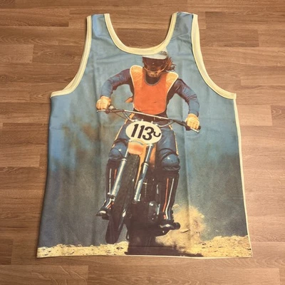 Vintage 70's Motocross Photo Print Polyester Yellow Tank Top Shirt Large - Image 1 of 4