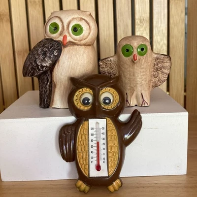 Termómetro de búho ojos googly vintage años 70 y conjunto de búho ojos grandes de Portugal de mediados de siglo Foto 1 de 4