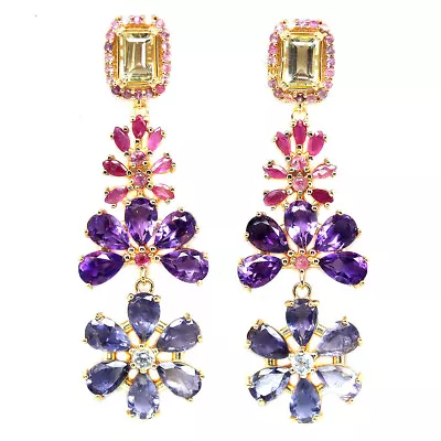 925 Silver Purple Iolite, Amethyst, Quartz, Ruby, Sapphire & Topaz Earrings - Image 1 of 4