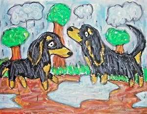 ACEO PRINT OF PAINTING KSAMS DACHSHUND Encounter Longhaired Black Tan DOG ART - Picture 1 of 1