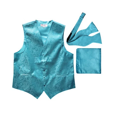 New Men's turquoise vest Tuxedo Waistcoat self tie bow tie and hankie set party - Image 1 of 4