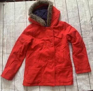 Girls Nautica Red Hooded Pea Coat Size 12 Fur Lined - Picture 1 of 3