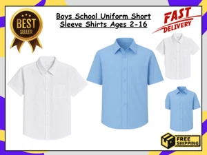 Boys School Uniform Short Sleeve Shirts regular Fit Polycotton Sizes 2-16 years - Picture 1 of 17