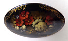 Vtg Russian Hand Painted Flowers Oval Lacquered Wooden Brooch Pin Signed 2 1/2"