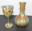 Vintage Brass Enamel Goblets with Cloisonn Art and Vase