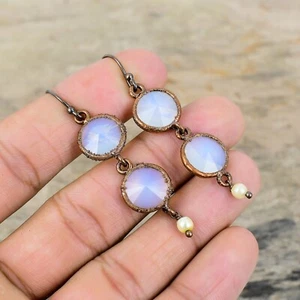 Pendientes colgantes de piedra de ópalo lechoso electroformados para nacimiento de octubre joyería cobre - Imagen 1 de 6