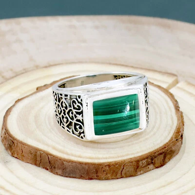 Malachite Rectangle Cut 925 Sterling Silver Turkish Style Men's Ring Jewelry - Image 1 of 3
