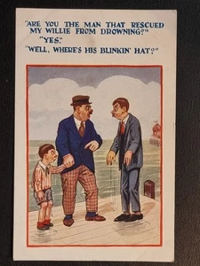 Comic Postcard C1920 Rescue My Willie Drowning Sea Where'S His Blinkin Hat Pier - Picture 1 of 2