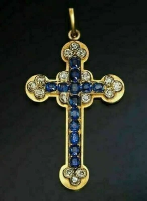 Pingente cruzado de safira azul 1,28 quilates e diamante simulado ouro amarelo 14K por cima - Imagem 1 de 4