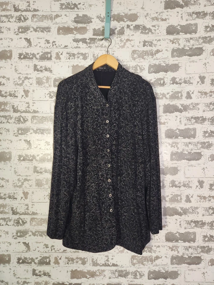 Vikki Vi Cardigan Jacket Size 2X Black Abstract Slinky Knit Textured Layering - Image 1 of 4