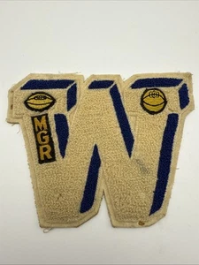 Vintage Chenille W Varsity Letterman Aufnäher cremeweiß & blau Football Basketball Mgr - Bild 1 von 4