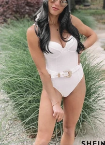 Women White Swimwear belted Textured One Piece Size M Padded - Picture 1 of 8