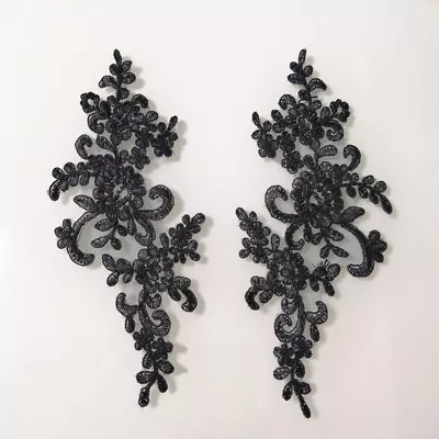 1Pair Embroidered Flower Lace Applique Motif Trim Wedding Dress Sewing Crafts - Image 1 of 4
