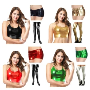 Sexy Women Metallic Shiny Backless Vest Short Long Stocking Dance Set One Size - Picture 1 of 49